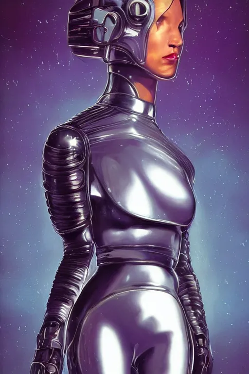 Image similar to retro-futuristic portrait of a beautiful female android in old scratchy chrome armour, ornate background, rim light, ornate pattern, glowing eyes, evil expression, high details, intricate details, renaissance painting by vincent di fate, artgerm julie bell beeple, 80s, Smooth gradients, High contrast, depth of field, very coherent symmetrical artwork