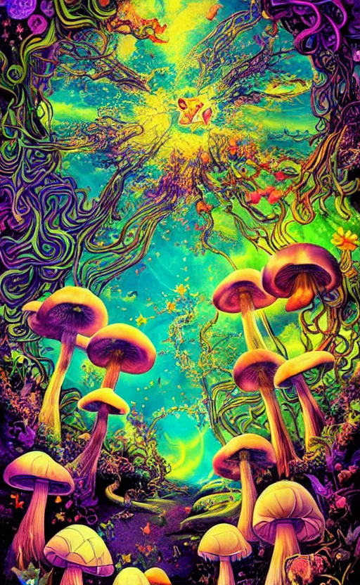 Prompt: psychedelic mushrooms, enchanted cosmic forest, mushrooms on the ground, small fairies, stars in the sky, butterflies, rainbows, psychedelic, wide angle shot, vector art, optical illusion, heavenly underwater, fantasy poster by helen huang and frank frazetta and salvador dali