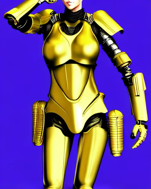 Prompt: hyper realitic render of charlize theron, sci fi warrior in gold hi tech armor, manga style