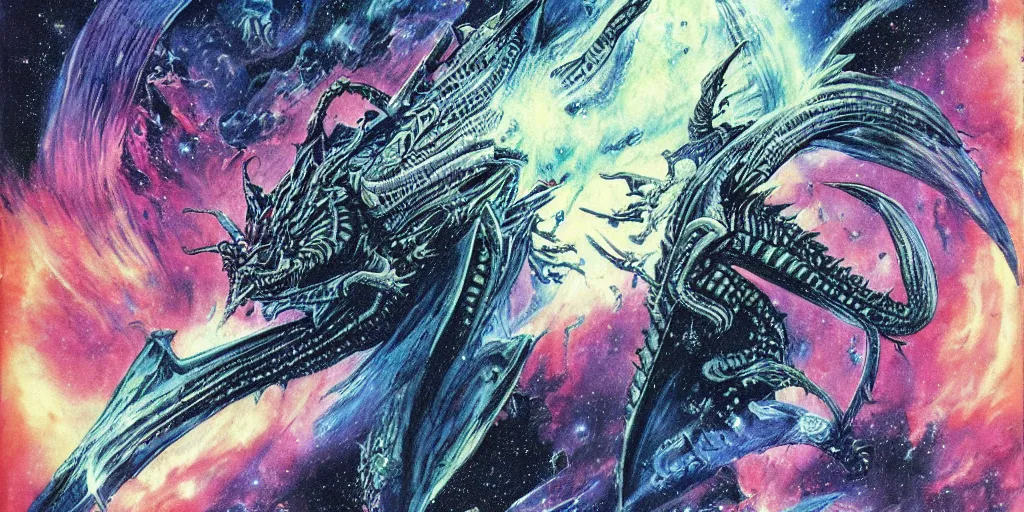 Image similar to an alien dragon flying through outer space, epic nebula, style of philippe druillet matte illustration