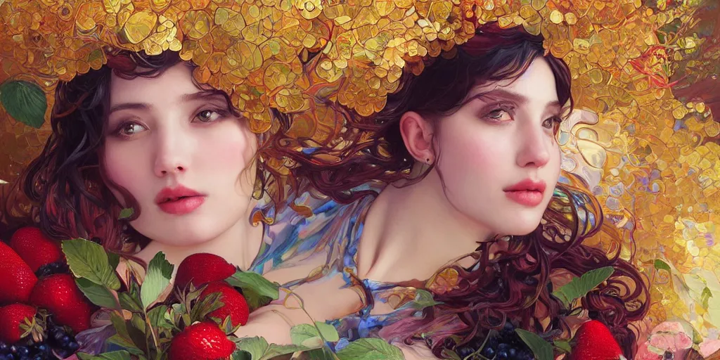 Prompt: an intricate oil painting of a beautifull woman surounded by hiper detailed fractal, strawberry, blueberry, colorfull, excelent composition, wide shot, by yoshitaka amano, by greg rutkowski, by alphonse mucha by jeremyg lipkinng, by rhads, by ross tran, by artgerm, octane render