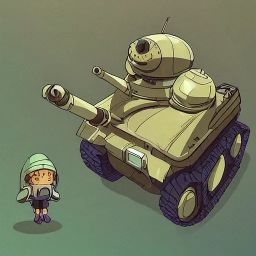 Image similar to a beautiful movie still in the style of Studio Ghibli anime showing a cute tank mecha with arms fighting an Alien from Aliens (1986). Studio Ghibli, aerial photography, wide angle lens, trending on artstation, trending on behance