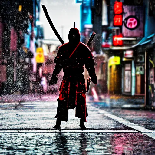 Prompt: ninja samurai with a katana in hand finishing his opponent, Ninja samurai has a dark costume, Japanese street environment, neon signboards in the background, shallow blur background, characters in focus, rainy weather, blood splatter on the ground, high detailed, intricate details, photorealistic, cinematic