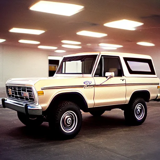 Prompt: 1979 Bronco Mercury Colony Park, inside of an auto dealership, ektachrome photograph, volumetric lighting, f8 aperture, cinematic Eastman 5384 film