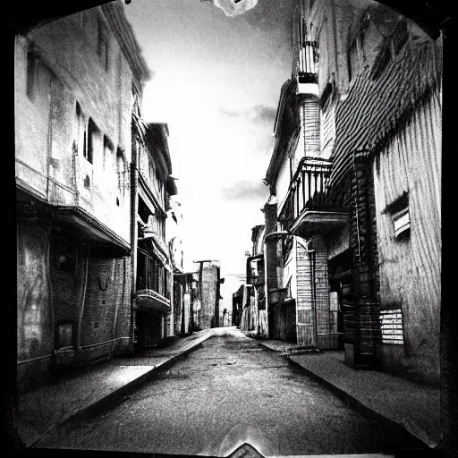 Image similar to A polaroid of a street with no one on it but a eldritch creature. Black and white, grainy, dark colors, cinematic lighting, hyper detailed, trending on art station.