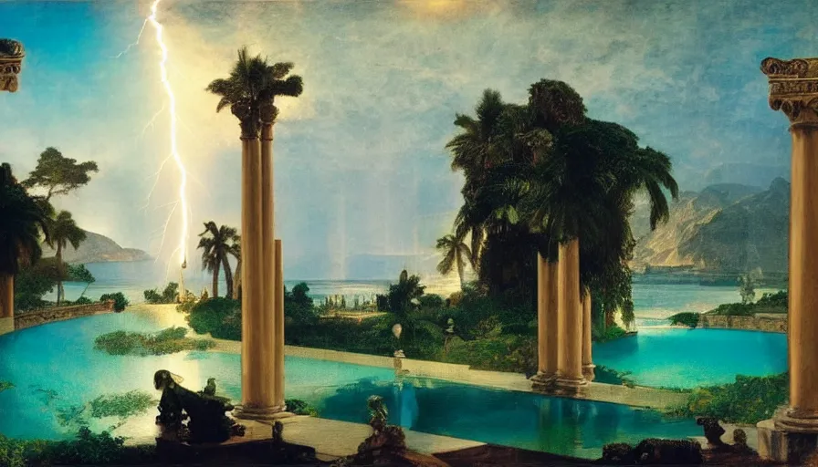 Image similar to Palace of the occult, mediterranean balustrade and columns, refracted sparkles, thunderstorm, greek pool, beach and Tropical vegetation on the background major arcana sky and occult symbols, by paul delaroche, hyperrealistic 4k uhd, award-winning, very detailed paradise