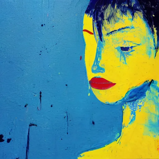 Prompt: an abstract painting of a girl looking away from you, with dark blue and muddy yellow colors and a blue background