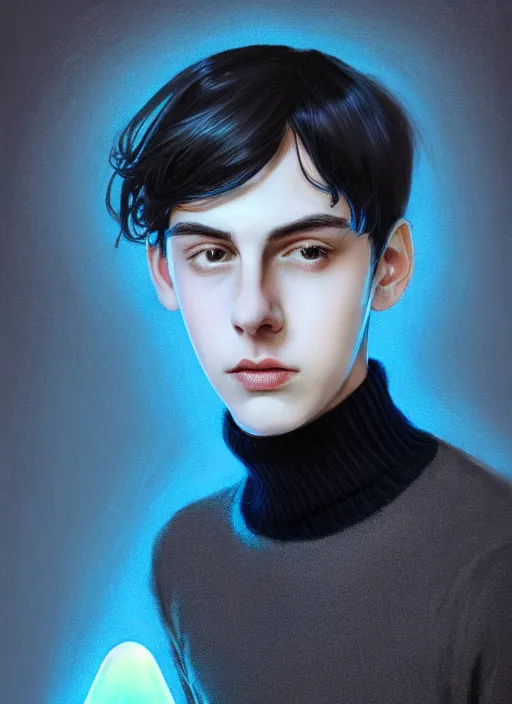 Image similar to portrait of teenage jughead jones wearing a light grey crown, crown, blue turtleneck, closed eyes, photorealistic, black hair, glowing lighting, intricate, elegant, glowing lights, highly detailed, digital painting, artstation, concept art, smooth, sharp focus, illustration, art by wlop, mars ravelo and greg rutkowski