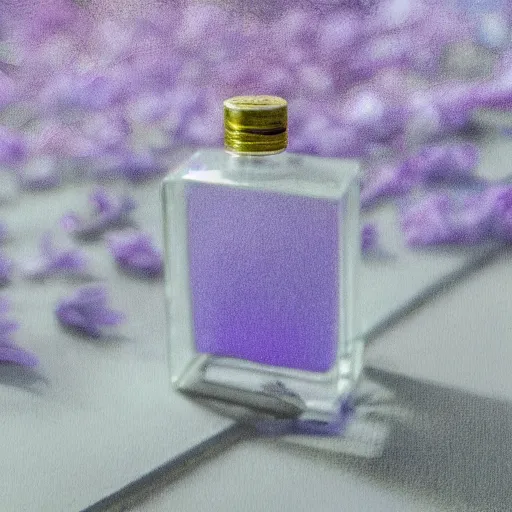 Prompt: perfume bottle surrounded by artistic, luscious blurred blue and lilac flowers, white background, simple path traced, environment, up close shot