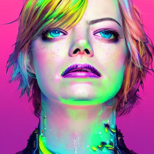 Image similar to portrait of emma stone made out of exploding paint, punk rock women, short blond hair, octane render, highly detailed, realistic, beautiful, splashes of neon, comic book art