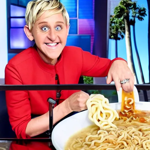 Image similar to Ellen DeGeneres cosplaying as Naruto and eating ramen noodles, absurd, surreal, high quality