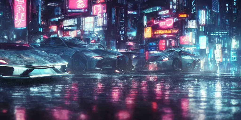 Image similar to close up macro shot of a futuristic cars on wet tokyo street at night, intricate, hyper detailed, smooth, high contrast, neon, volumetric lighting, octane, moebius, greg rutkowski, blade runner, ridley scott, cinematic