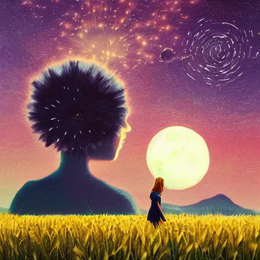 Image similar to giant daisy flowers as a head, girl walking in wheat field, hills, surreal photography, moon light, dark night, star trails, dramatic light, impressionist painting, clouds, digital painting, artstation, simon stalenhag