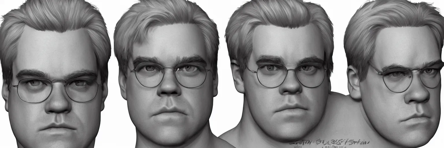 Image similar to character face study of skinny snorexic philip seymour hoffman, clear faces, emotional, character sheet, fine details, concept design, contrast, kim jung gi, pixar and da vinci, trending on artstation, 8 k, full body and head, turnaround, front view, back view, ultra wide angle