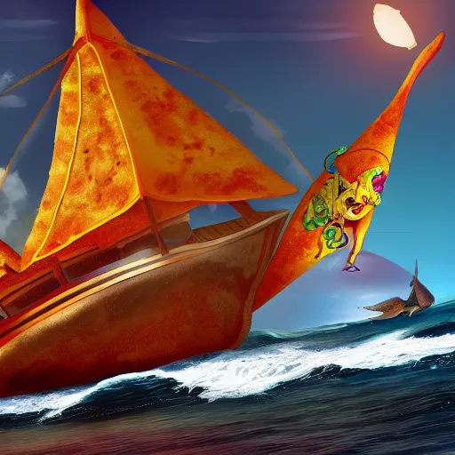 Prompt: a giant taco sails across the ocean and the taco bell chihuahua is the captain, high detail, 8 k, fantasy art, artstation,