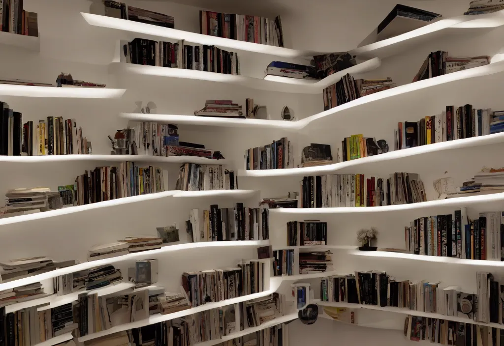 Image similar to bookshelves with led strip lights under each shelf, up close, homes and gardens, super detailed render, award winning,