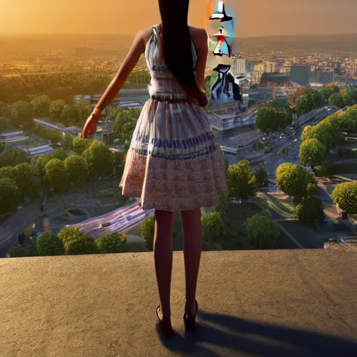 Image similar to A young beautiful giantess wearing a sundress standing near the Eifel tower, beautiful lighting,digital art , highly detailed , high contrast, beautiful lighting, award winning , trending on art station, 8k, photorealistic,unreal engine 5