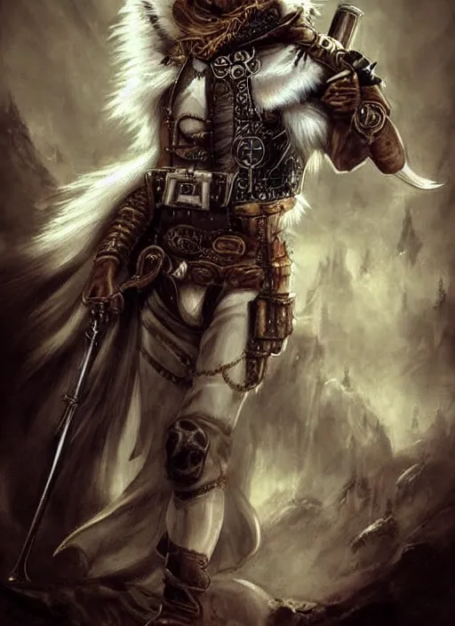 Image similar to steampunk white wolf with claymore, fantasy, art station, dramatic, concept art, portrait