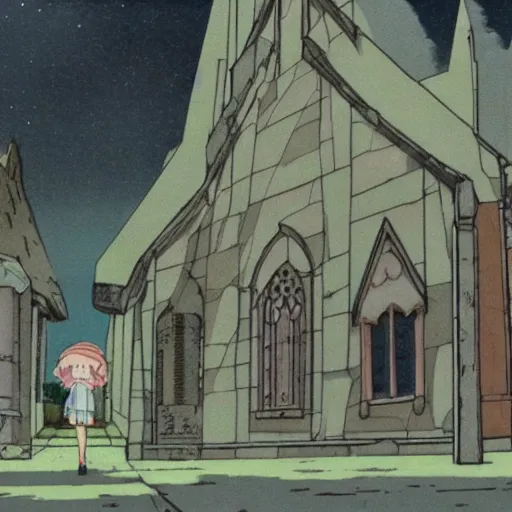 Prompt: ghost of a young girl, a burnt out church, cel shaded, studio ghibli, hayao miyazaki