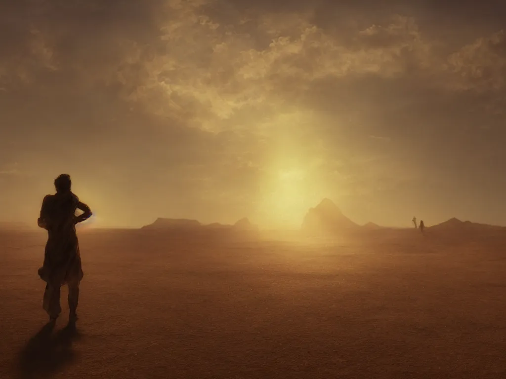 Prompt: a despaired glass crystallised human silhouette wandering in the burning desert, sunlight, heat haze, glittering, ocean specular, sand particles, windy, detailed, light reflections, glass reflections, 4k, realist, cinematic lighting, loneliness, hopeful, sahara, by Frederic Edwin Church and Ivan Aïvazovski