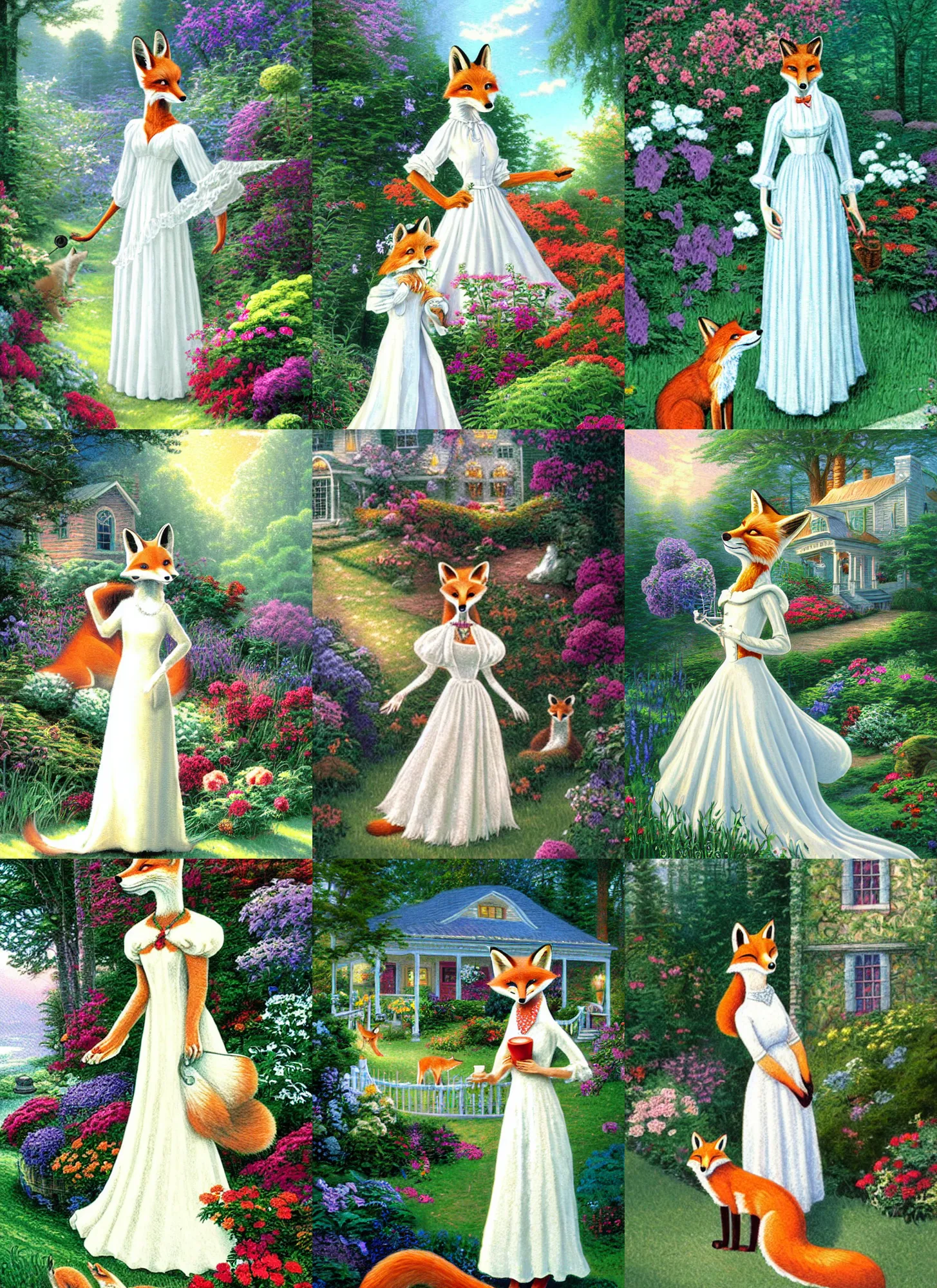 Prompt: an anthropomorphic fox stands outside her beautiful country home wearing a large white dress, illustration by Mary Jane Begin, Steven James Petruccio, Keren Katz, Thomas Kinkade