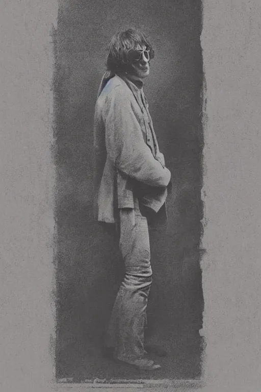 Prompt: john lennon, outlaw, full body, symmetrical features, silver iodide, 1 8 8 0 photograph, sepia tone, aged paper, sergio leone, master prime lenses, cinematic