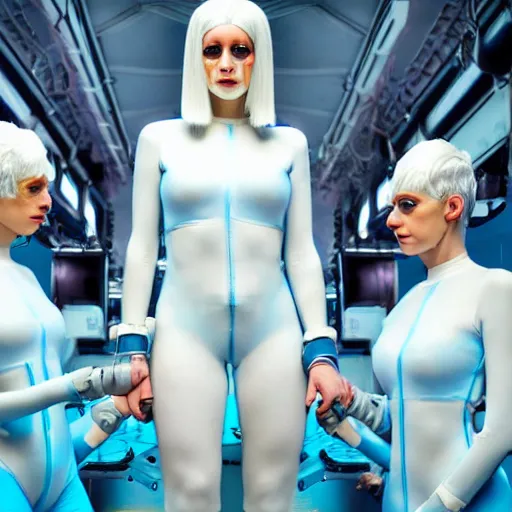 Prompt: troop of freak show women with white bob hairdos, white hair, tight light blue neopren suits, futuristic production facility, sci - fi, highly detailed, cinematic