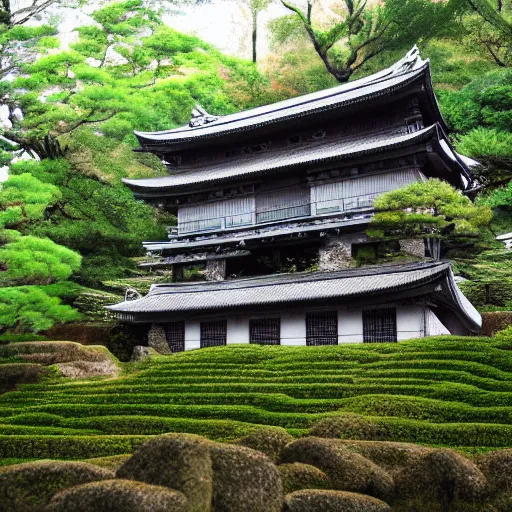 Prompt: japanese fortress in a city inside the forest