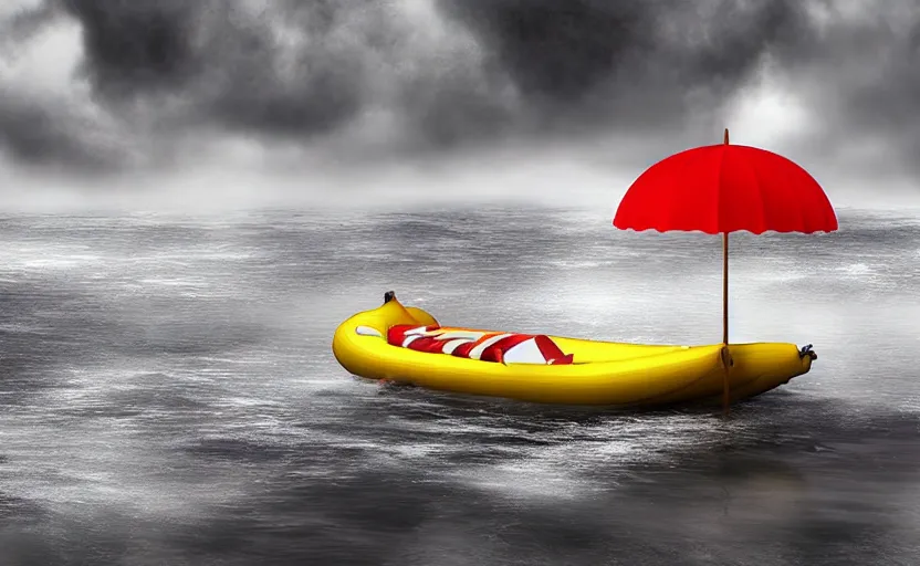 Prompt: a banana boat, cgi scene, stormy digital art, atmospheric lighting