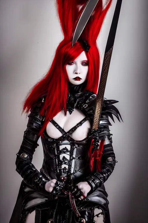 Prompt: very beautiful demon top model, red hair, wearing gothic louis vuitton victorian armor with blades and swords, luxury materials, symmetrical, cinematic, elegant, professional studio light, real dlsr photography, sharp focus, 4 k, ultra hd, sense of awe, high fashion