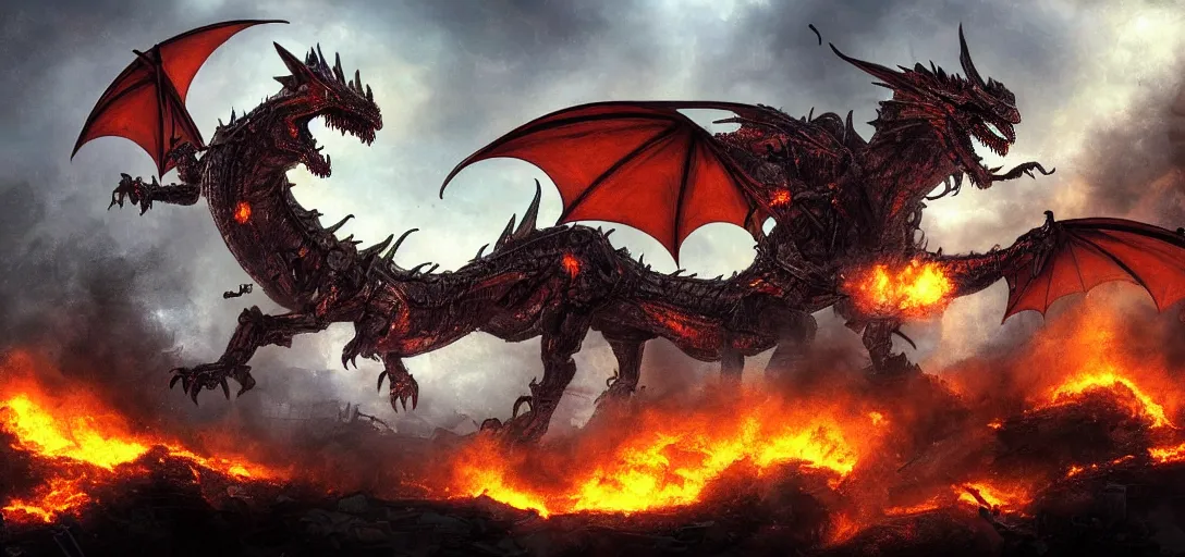 Image similar to a mecanic dragon with big mouth destroy a building with fire in the night, dark fantasy, apocalypse