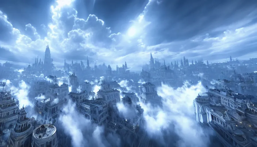 Image similar to Angelic Floating City in the Clouds, Hyperrealistic, Intricate Details, Raytracing, Volumetric Lighting, Lightshafts, Blue and White Color Palette, Unreal Engine 5, Photorealism