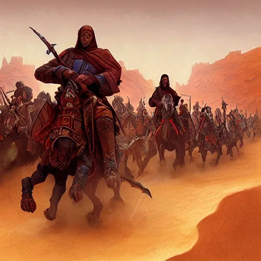 Image similar to crusaders charging across the desert sand by marc simonetti,