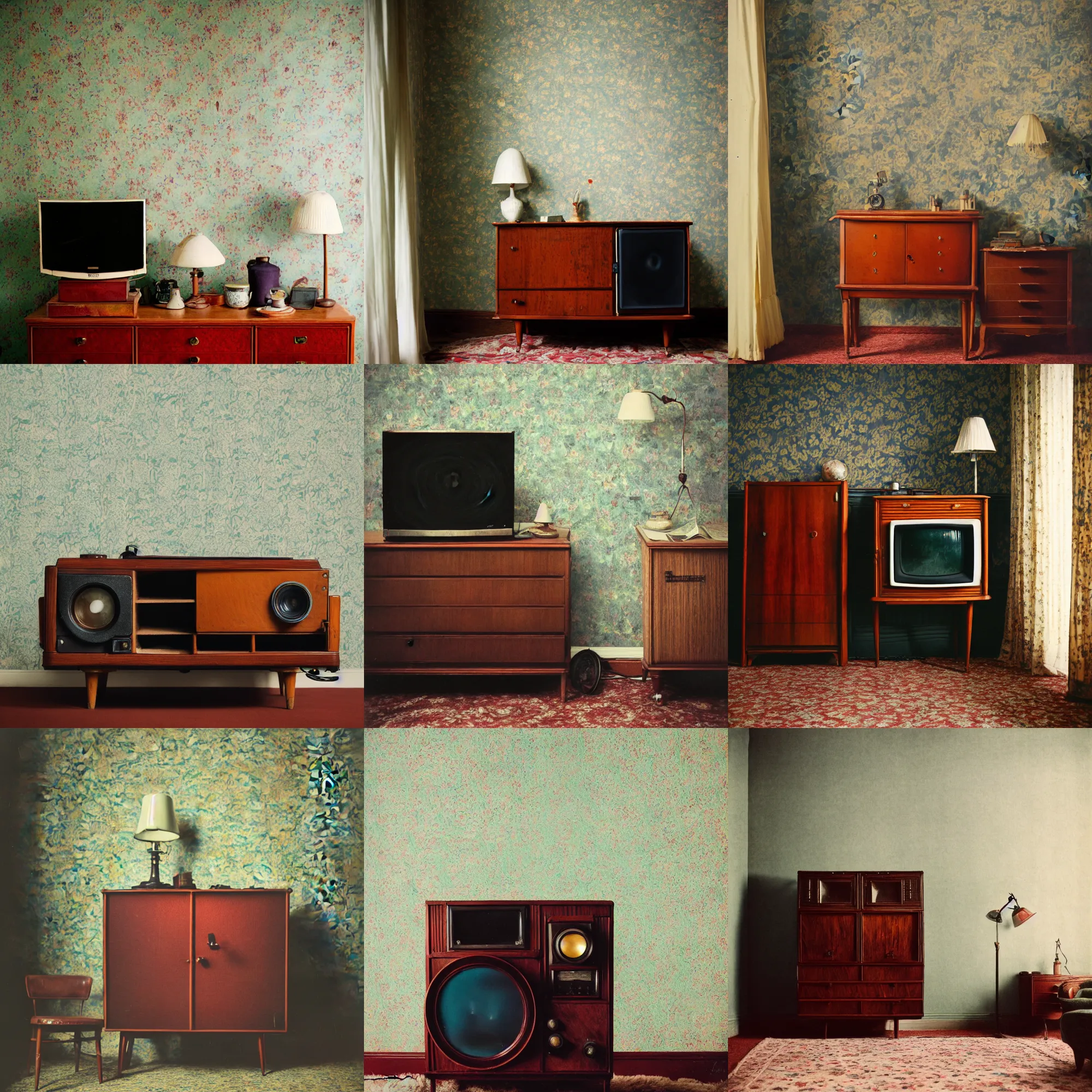 Image similar to kodak portra 4 0 0, wetplate, portrait photo by britt marling, 1 9 2 0 s room, 1 9 2 0 s furniture, wallpaper, carpet, shining lamp, a giant vintage television, muted colours, blueberry, wood, fog,