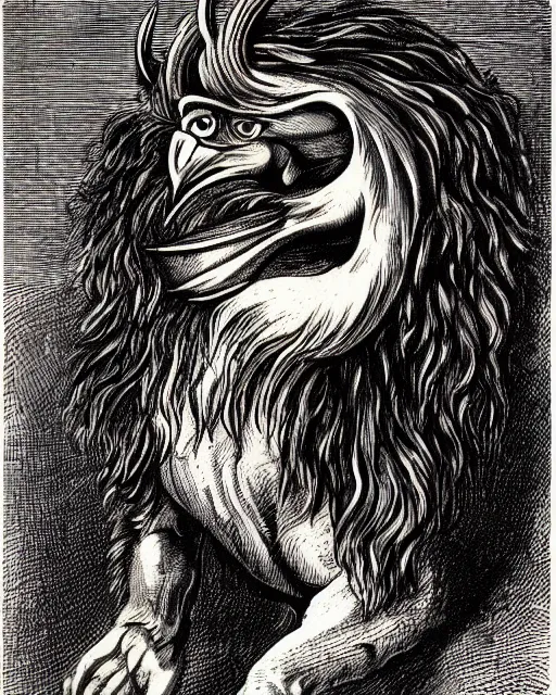 Image similar to a creature with the body and eyes of a man, with the beak of an eagle, the mane of a lion, and the horns of an ox. drawn by francis bacon