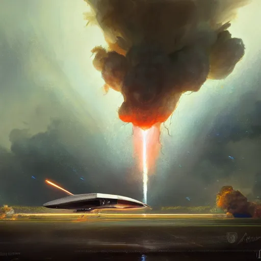 Prompt: a huge spaceship landing, the spaceship is on fire, smoke, rainstorm, lightning, angry, kinetic, john sargent, adolphe bouguereaum, norman rockwell, style by peter deligdisch, concept art by jama jurabaev, trending on artstation, highly detailed oil painting,