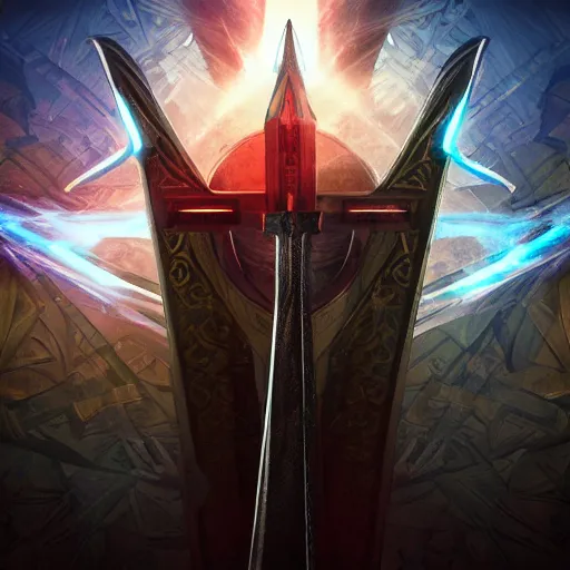 Image similar to symmetrical game - icon of giant medieval swords crossed, red powerful fantasy epic legends, game icon stylized, digital illustration radiating, a glowing aura, global illumination, ray tracing, 8 k high definition, intricate details, octane render, unreal engine, trending on arstation