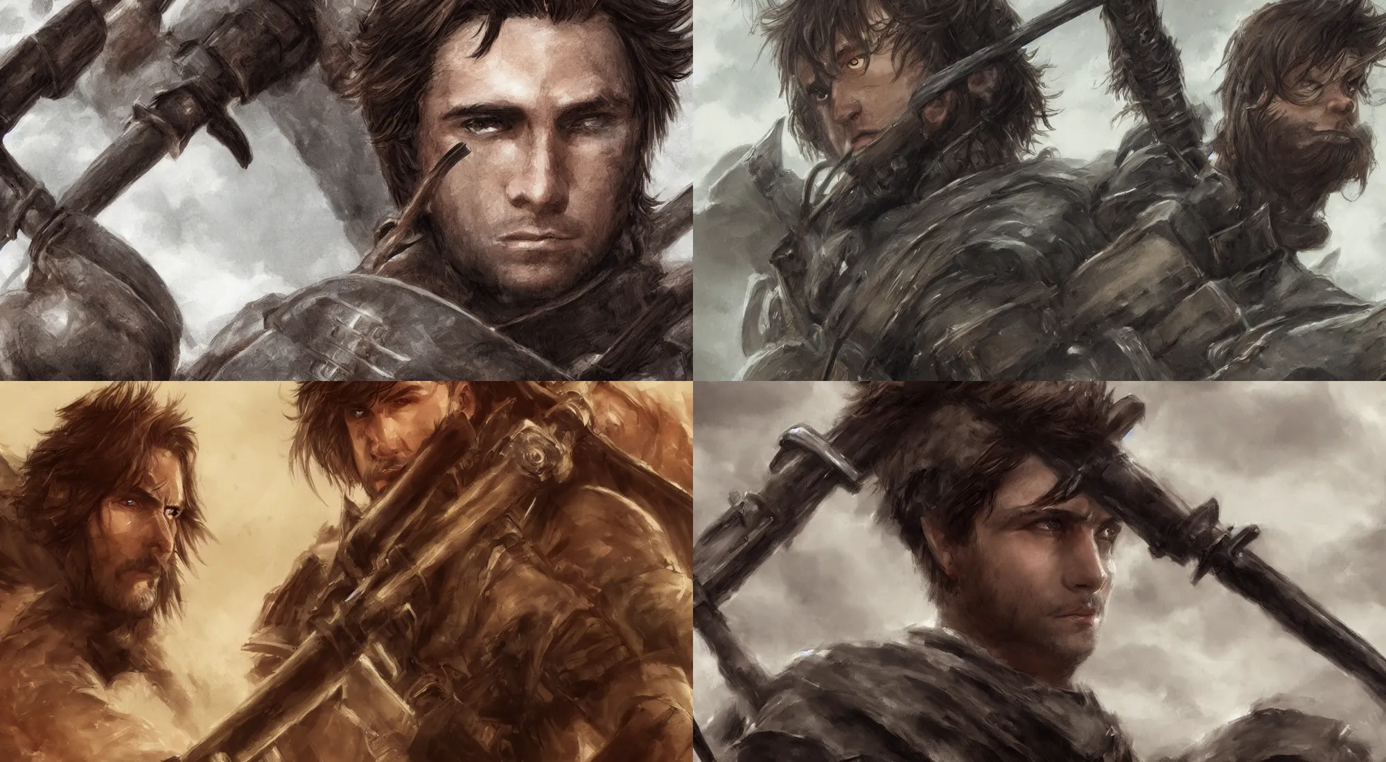 Prompt: close up of a man with brown hair and hazel eyes eyes standing with his sword drawn before an approaching army, dark clouds, trending on Artstation