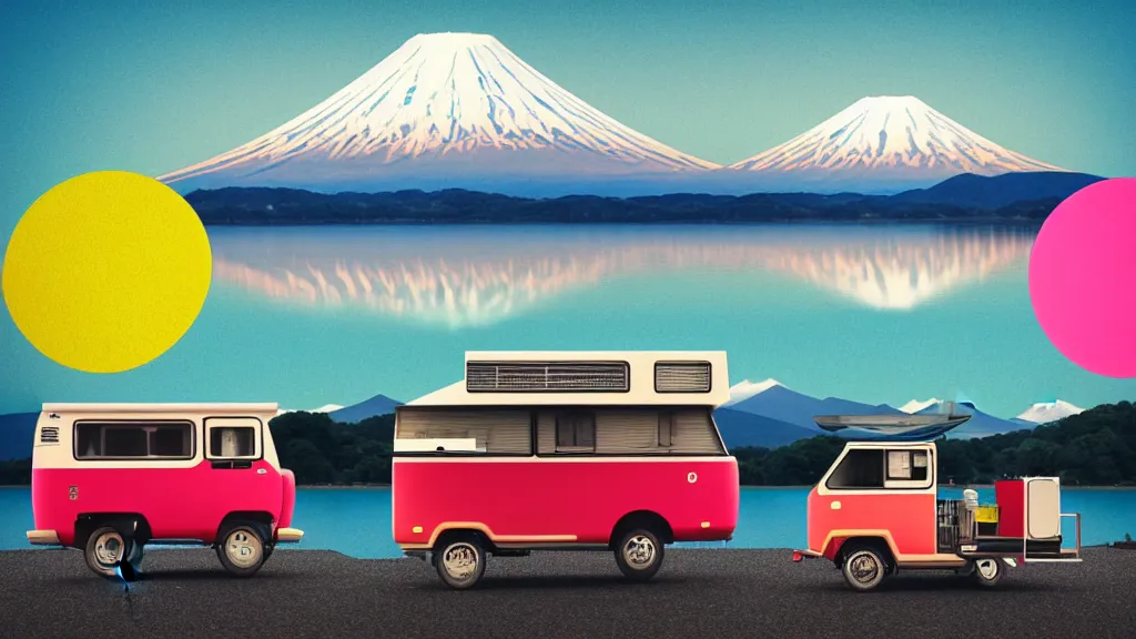 Image similar to a scene of two travellers and their camper touring at yamanaka lake, reflecting mount fuji, japan, a collage painting, in the style of wes anderson, lola dupre, david hockney, isolated on negative white space background dark monochrome neon spraypaint accents volumetric octane render