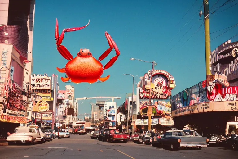 Image similar to 2 0 1 5 cute giant crab terrorizing a city, googie city, americana, fishcore, exterior photography, hd 8 k, photography cinestill