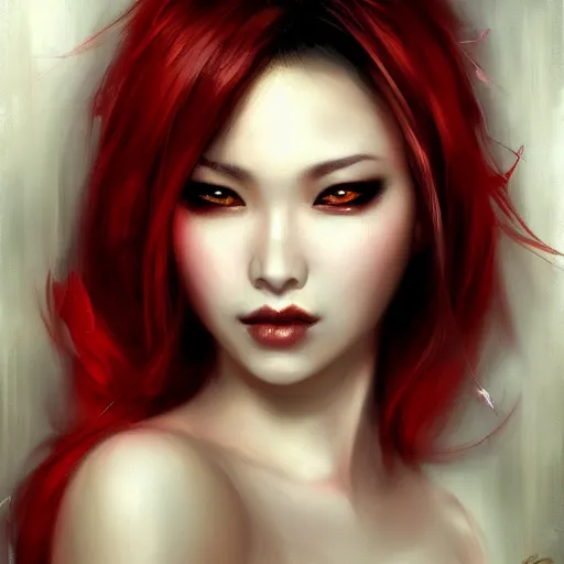 Prompt: beautiful asian vampire woman, paint by Raymond Swanland