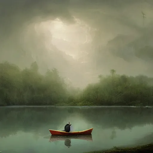 Image similar to an person with a cape on sitting in an boat in the middle of an green lake during storm, Matte painting , detailed painting, greg rutkowski