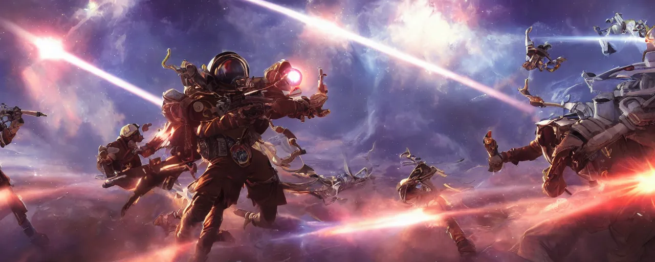 Image similar to fantasy epic monkey gunfight in space, laser guns, anime, concept art, 4 k