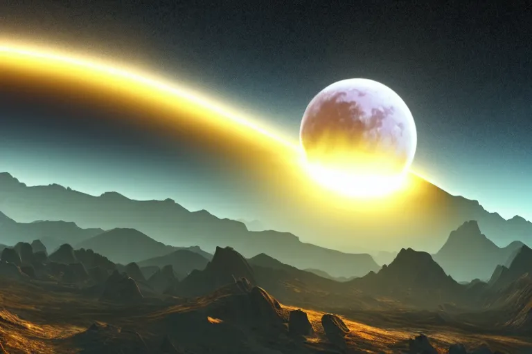 Image similar to surreal nuclear blast eclipse, rocky mountains, highly detailed, photorealistic shot, bright studio setting, studio lighting, crisp quality and light reflections, unreal engine 5, quality render