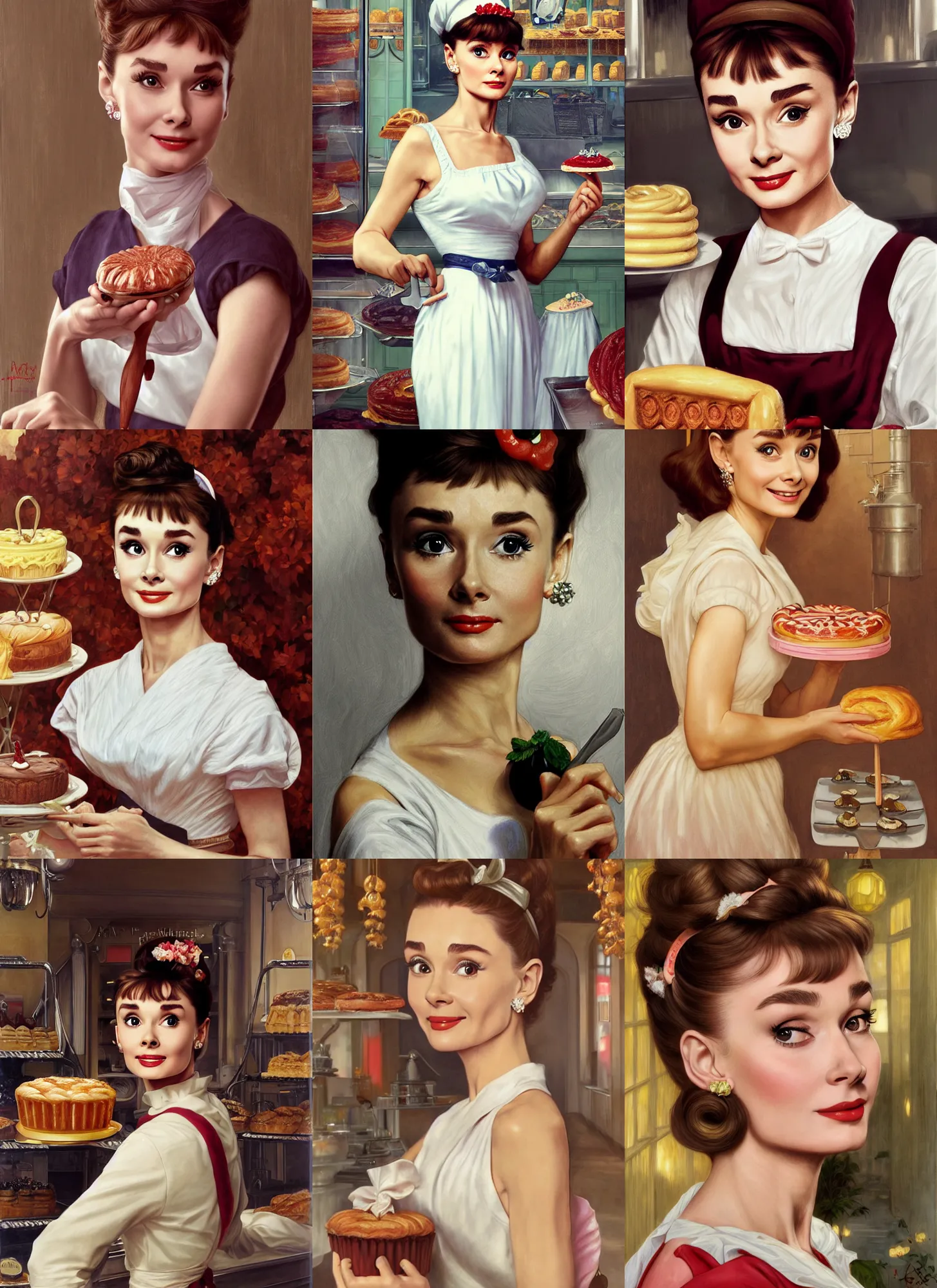 Prompt: portrait audrey hepburn as hot confectioner in a pastry shop, full length shot, shining, 8 k highly detailed, sharp focus, illustration, art by artgerm, mucha, bouguereau