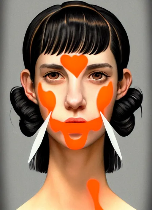 Image similar to portrait of high school girl, realistic, black hair, bangs, half updo hairstyle, pointy nose, skinny, smile, ugly, defined jawline, big chin, orange hair bow, earrings, intricate, elegant, glowing lights, highly detailed, digital painting, artstation, sharp focus, illustration, art by wlop, mars ravelo and greg rutkowski