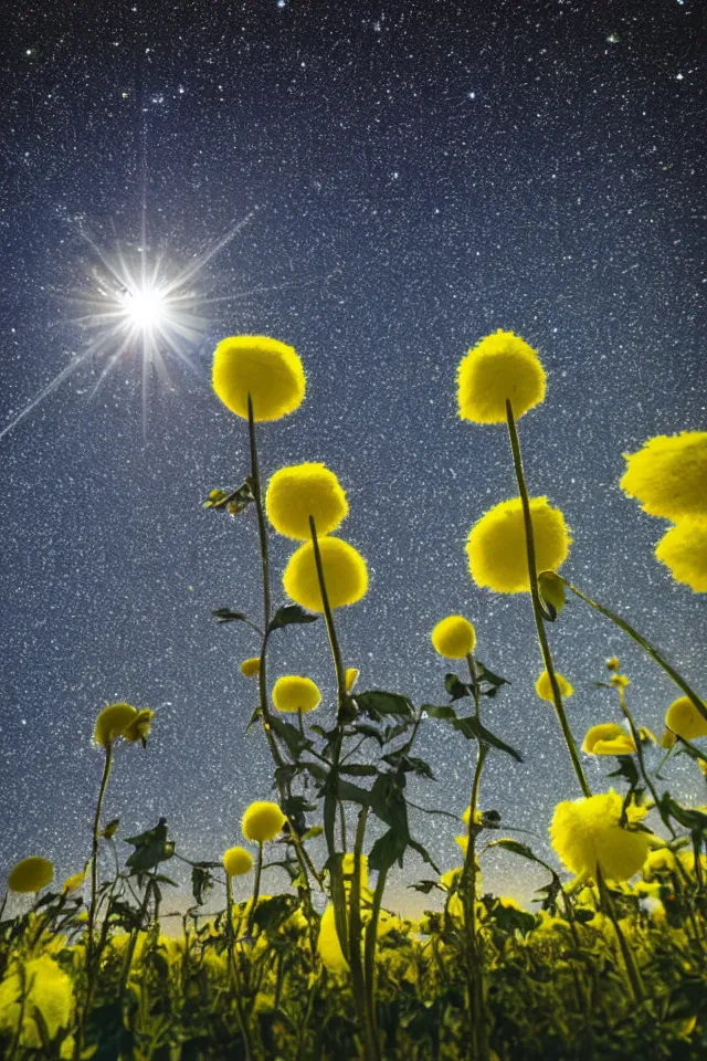 Prompt: low angle. field of big frozen yellow flowers. milky way ang galaxies in the sky. two suns in zenith. double sun. f 1. 8 lens, 1 6 mm. lens flare, glow, bokeh. photorealistic, romantic
