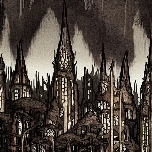 Prompt: A horrific gothic cityscape of evil tree-like towers inside a giant cave