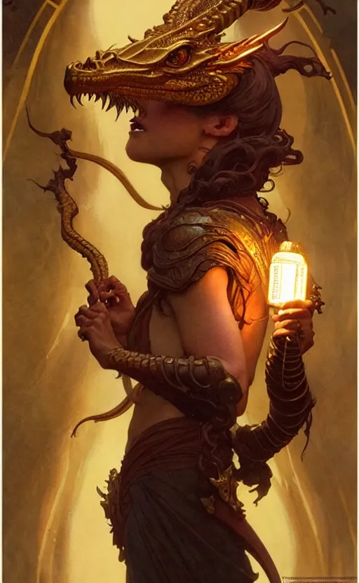 Image similar to magic gold dragon gorgeous lighting by weta studio, mucha, bautista and norman rockwell and greg rutkowski and tom bagshaw and james gurney and lucasfilm