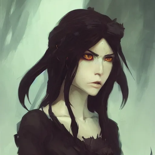 Image similar to female human vampire witch in the style of greg rutkowski, makoto shinkai, trending on artstation, character design, concept art, pretty face, highly detailed, long black hair, portrait, digital art